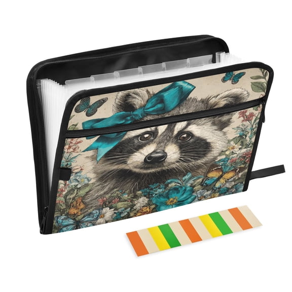 Folder Waterproof A4 Size File Folder Home Work Office Categorized Storage File Manager 13 Individual Pockets Raccoon with A Blue Bow