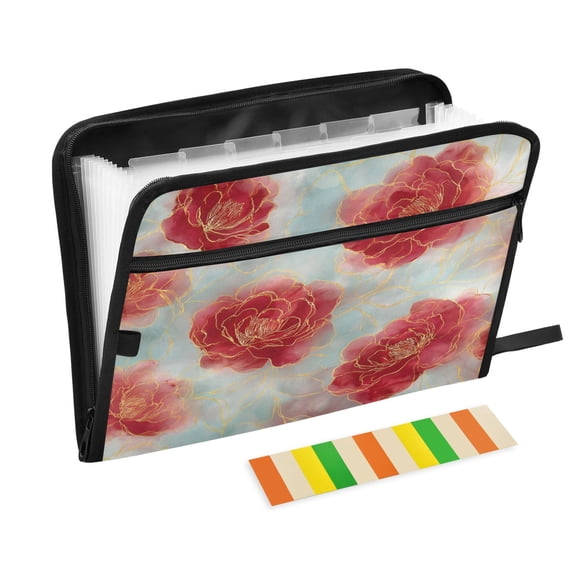 Folder Waterproof A4 Size File Folder Home Work Office Categorized Storage File Manager 13 Individual Pockets Rose Petals with Gold Outline