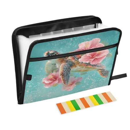 Folder Waterproof A4 Size File Folder Home Work Office Categorized Storage File Manager 13 Individual Pockets Turtle with Pink Hibiscus Flowers