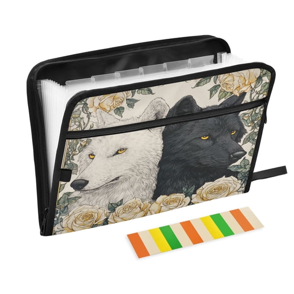 Folder Waterproof A4 Size File Folder Home Work Office Categorized Storage File Manager 13 Individual Pockets Two Black and White Wolves
