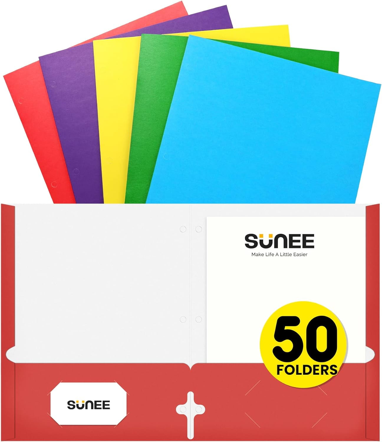 Folders with Pockets 3 Hole Punched(50 Pack, Assorted Colors), 2 Pocket Folders Fit Letter Size Paper, Paper File Folder for School Office Home Bussiness