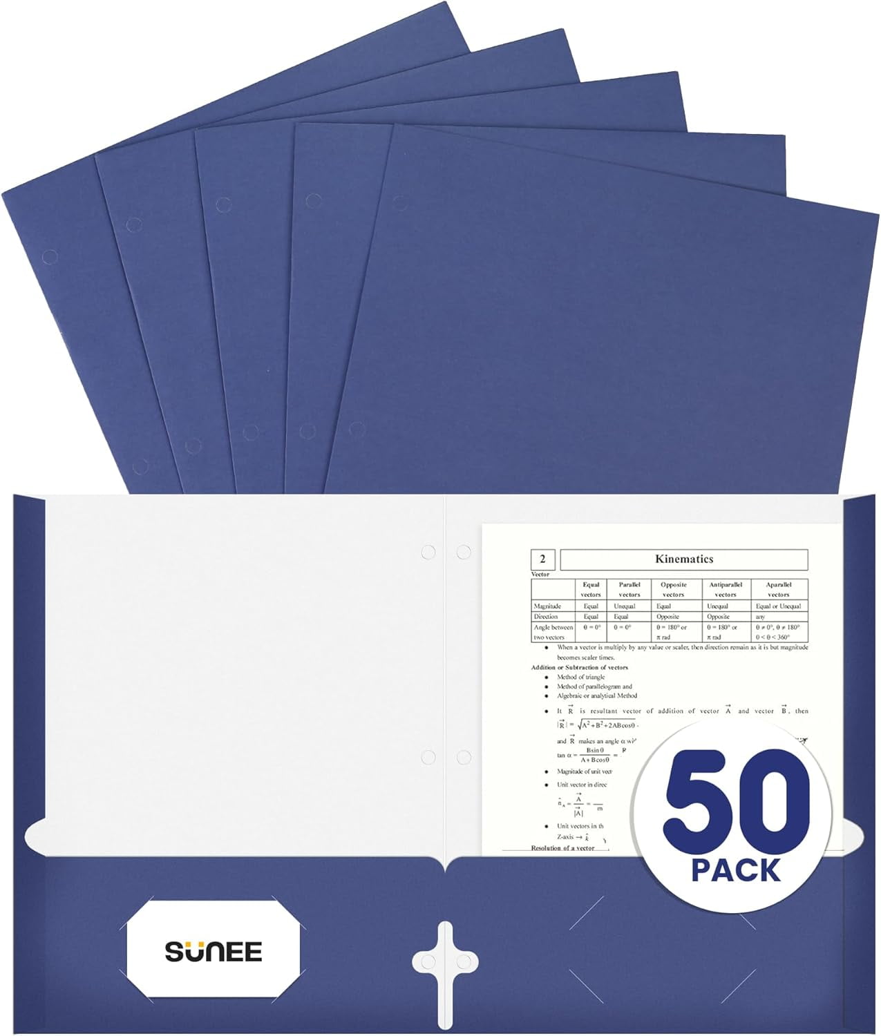 Folders with Pockets 3 Hole Punched(50 Pack, Dark Blue), 2 Pocket Fit Letter Size Paper, Paper File Folder for School Office Home Bussiness