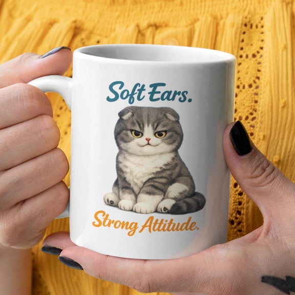 Foldex Cat Coffee Mug, Soft Folded Ears Pet Lover Gift, Strong Attitude Feline Design, Cat Coffee Cup, Home Office Drinkware Ceramic Mug 11oz