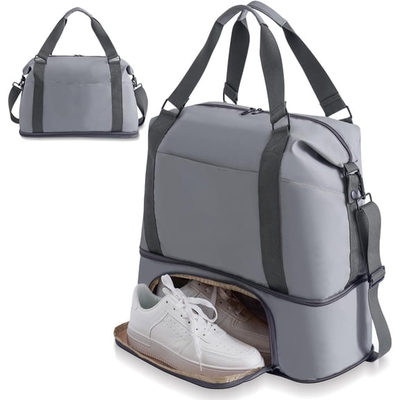 Foldie Travel Bag Expandable, Gym Bag with Shoe Compartment, Workout Bags for Gym with Straps Personal Item Travel Bag for Weekender Overnight, Duffel Bags for Traveling(Gray)