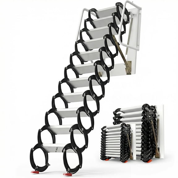 Folding 10FT 12 Steps Attic Ladder,Wall-Mounted Al-Mg Alloy Attic Stairs with Armrests,660LBS Load Attic Ladder for Attic Access