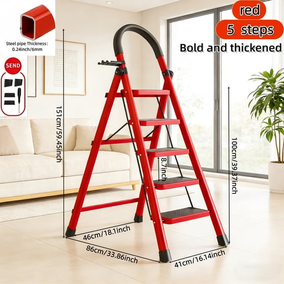 Folding 2 3 4 5 Step Steel Ladder, 500LBS Load Capacity, Anti-Slip Wide Pedals Handrail, Safe-Lock Portable Step Stool for Home Kitchen, Black  Red