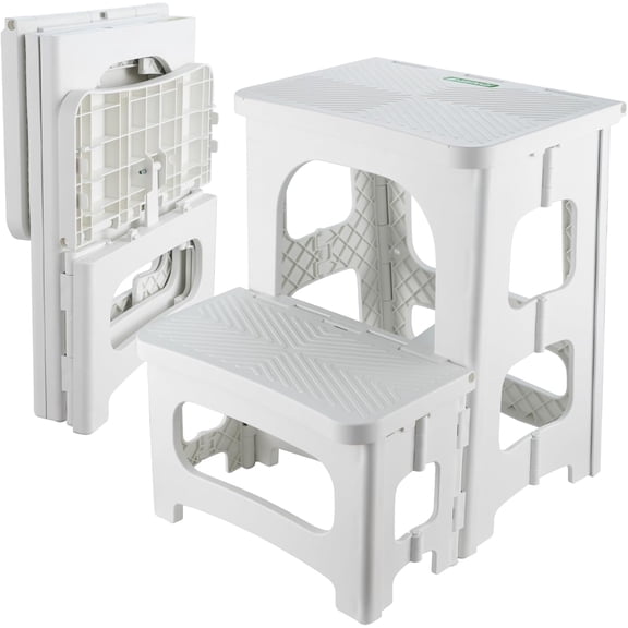 Folding 2-Step Stool, Non-Slip Collapsible Portable Step Stool for Kitchen, Bathroom, Bedroom, Office, or RV White, 300 lb Capacity, 17 in Max Height