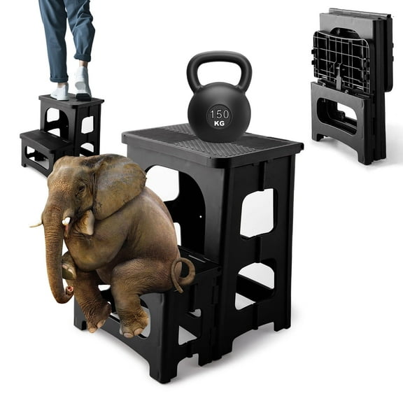 Folding 2 Step Stool, Non-Slip Folding Stool, Bedside Step Stool, Kitchen Home Toilet Bedroom Office RV Portable Footstool (Black)