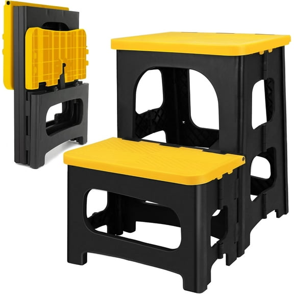 2 Step Folding Stool 250 lb Capacity Non Slip Foldable Step Stool 8 and 17 Inch Heavy Duty Portable Foot Stool for Kitchen Bathroom RV Yellow