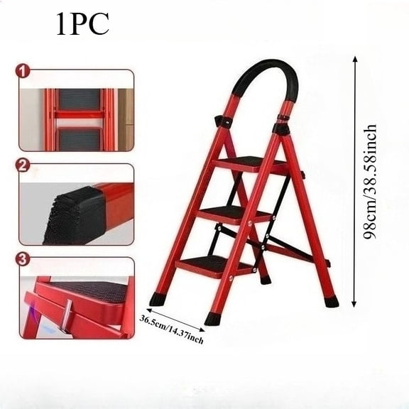 Folding 3/4 Step Ladder Red, 550Lbs Load Capacity, Non-Slip Pedals, Steel Structure, Safe Lock & Stable Base, Lightweight Portable for Household, Garage & Construction