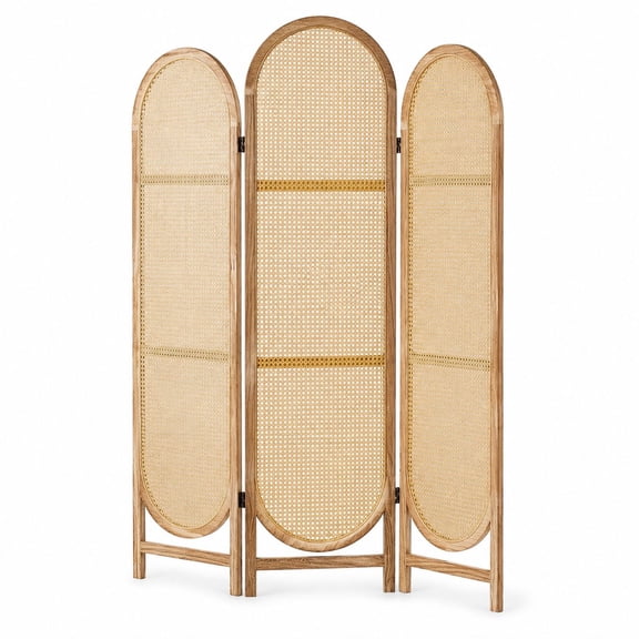 Folding 3-Panel Rattan Privacy Screen, Bohemian Room Divider for Home
