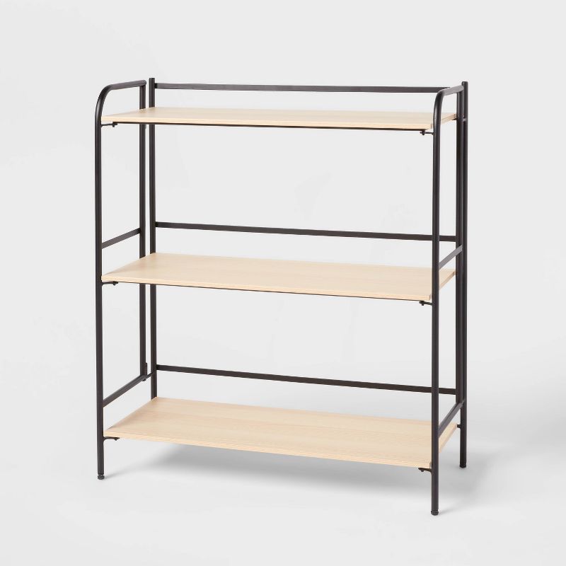 Folding 3 Shelf Black Metal with Natural Wood Shelves