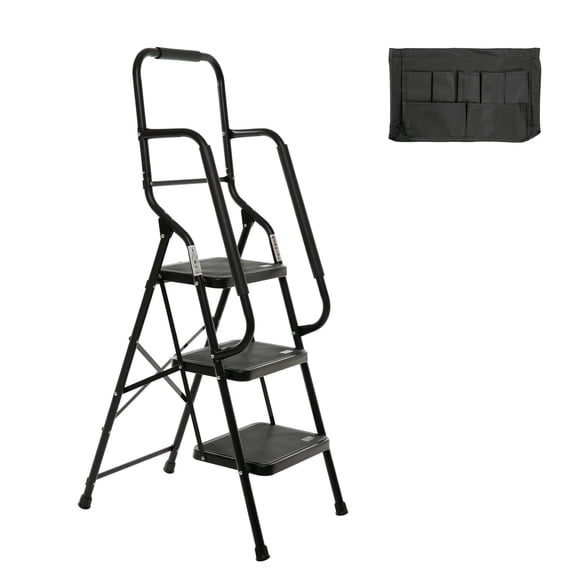 Folding 3-Step Ladder, 500 lbs Capacity Step Stool with Safety Lock,Non-Skid Wide Steps, Handrail, Household Folding Ladder for Home, Garden, Outdoor, and Garage
