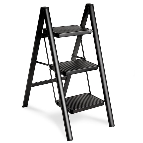 Folding 3 Step Ladder, Sturdy 330 Lbs Load Small Step Stool for Adults, Safer Full Steel Multi-use Kitchen Ladder for Home, Closet Step Stool Ladder with Wide Pedals, Black, 3-Step
