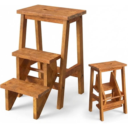 Folding 3 Step Stool, 3 in 1 Wooden Step Ladder with Handle, Non-Slip Pedal, Multifunctional Storage Shelf, Flower Rack for Kitchen, Library, Garage