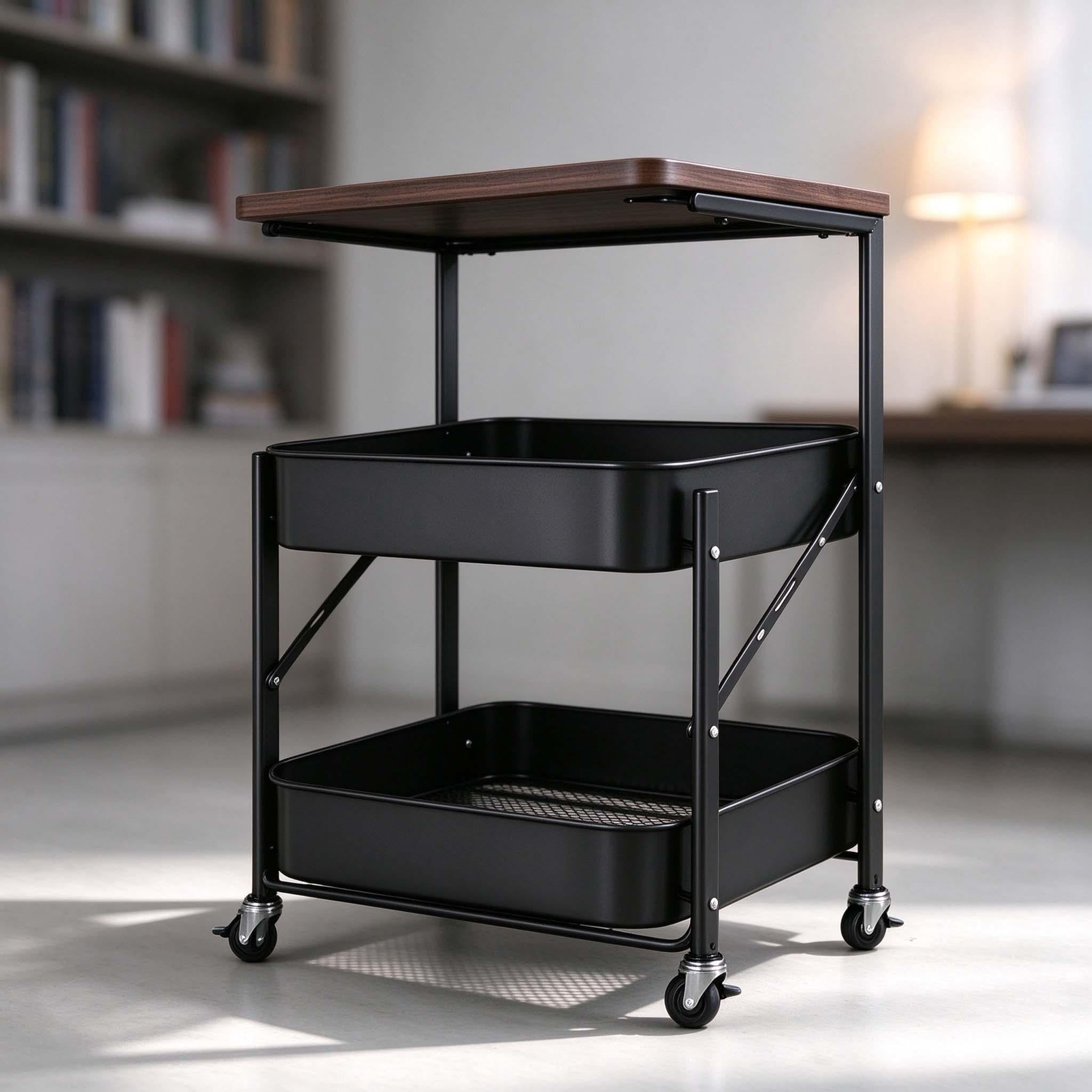 Folding 3 Tier Rolling Cart with Tabletop, Under Desk Printer Stand ...