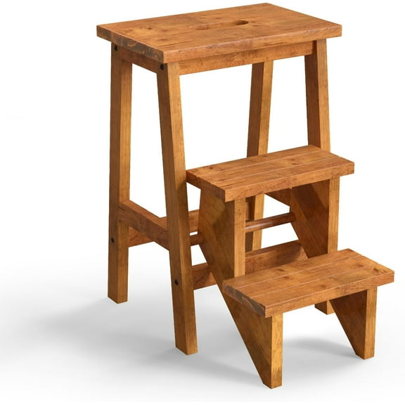 Folding 3 Tier Step Ladder, Multifunction 3-in-1 Wood Step Stool with Anti-Slip, Convenient Handle, Display Ladder and Storage Shelf for Library, Home Kitchen, Household Work, Garage (Coffee)
