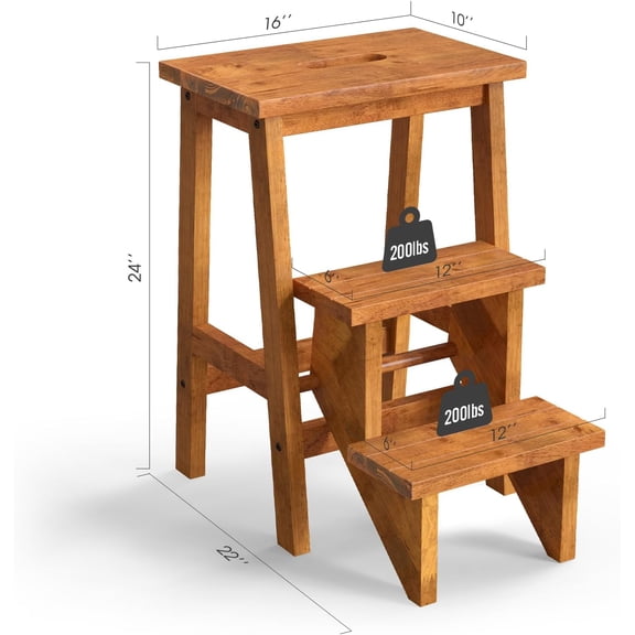 Folding 3 Tier Step Ladder Multifunction Wood Stool with Anti-Slip Handle for Home Kitchen Garage Coffee