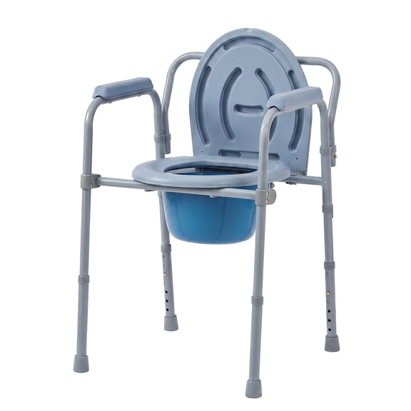 Folding 3-in-1 Bedside Commode Chair Adjustable Height Portable Steel Toilet for Seniors, 7.5 Qt Bucket Drop Arm Stable Frame 350 lbs Capacity Easy Assembly
