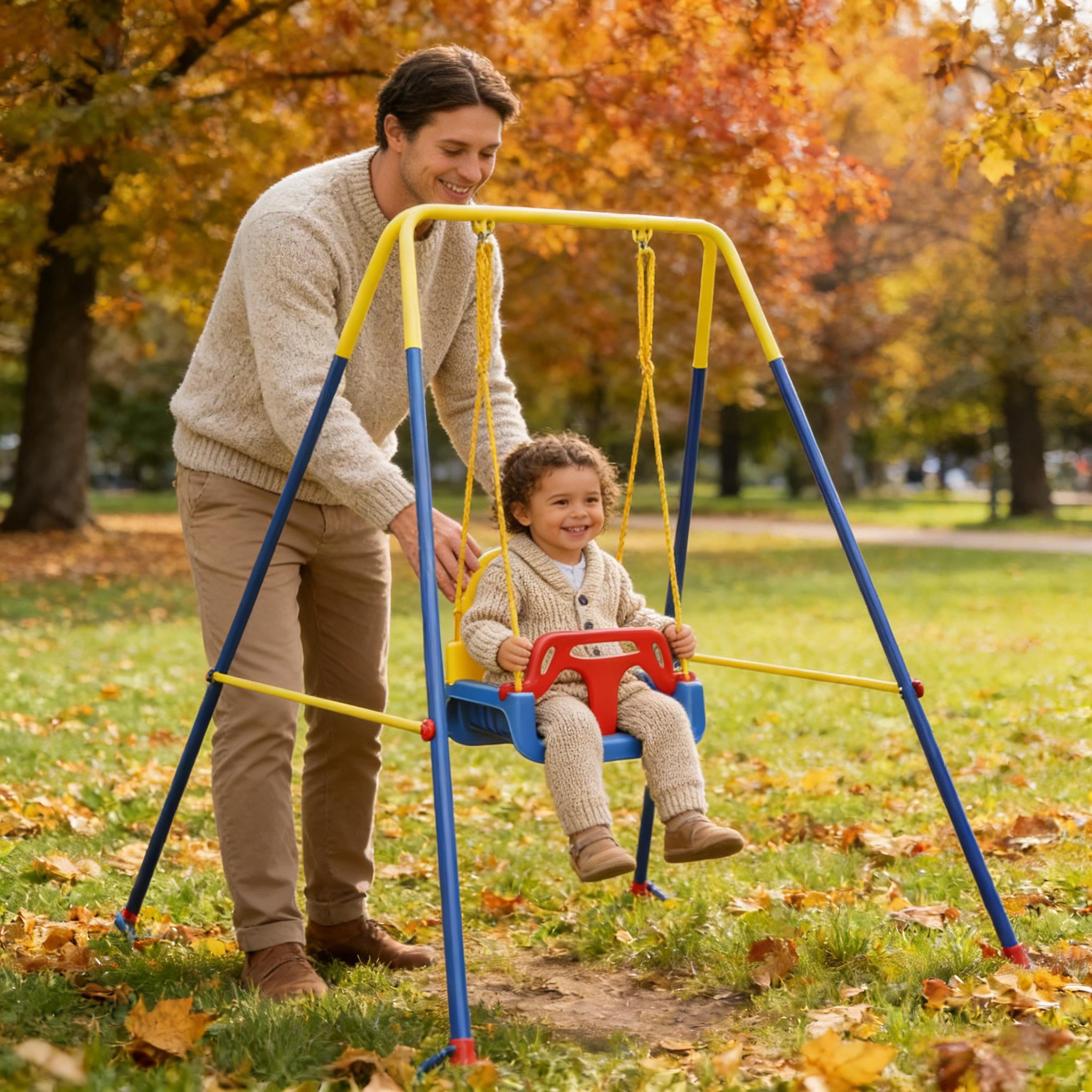 Folding 3-in-1 Toddler Swing Set, Adjustable Height Metal Swing with A-Frame, Anti-Slip Base & Safety Belt, Rust-Resistant for Indoor Outdoor Use, Ages 9 Months to 8 Years