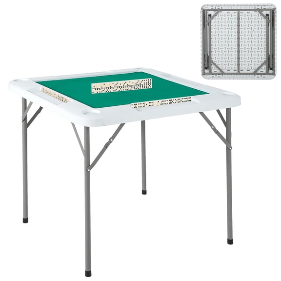 Folding 35.4" Mahjong Table for 4 Players – Portable Square Game Table with Wear-Resistant Green Tabletop, Cup Holders & Chip Trays – Perfect for Mahjong, Poker, Dominoes, Puzzles & Card Games, White