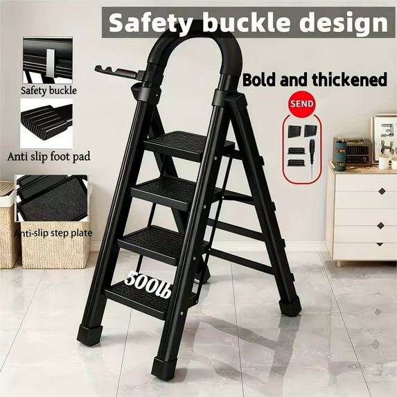 Folding 4/3 Step Ladder, Portable Ladder For Multi-Purpose, Home, Kitchen, Heavy Sturdy Steel Step Stool With Anti-Slip Wide Pedals, Handrail, Safe-Lock Design, 330lbs Load, Black&Red