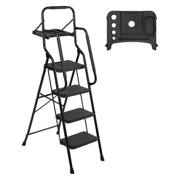 Folding 4-Step Ladder,330lbs Capacity Step Stool with Safety Lock, Tool Tray, Non-Skid Wide Steps, Handrail, Household Folding Ladder for Home, Garden, Outdoor, and Garage white