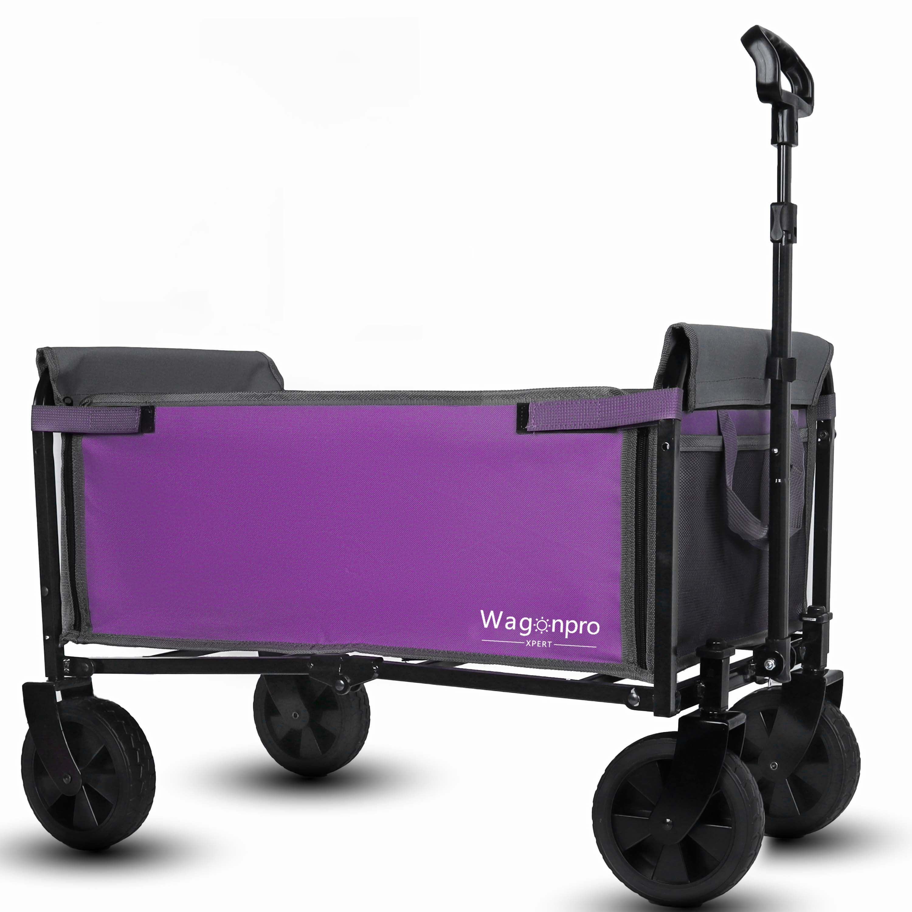 Folding 4-Wheel Trolley with Bench Seat and Dog Leash - Heavy Duty Foldable Utility Trolley for Camping, Beach, Shopping - Versatile Seating and Storage Space, Purple
