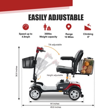 Folding 4 Wheels Mobility Scooter with LED Head and Rear Light Long Range, Red