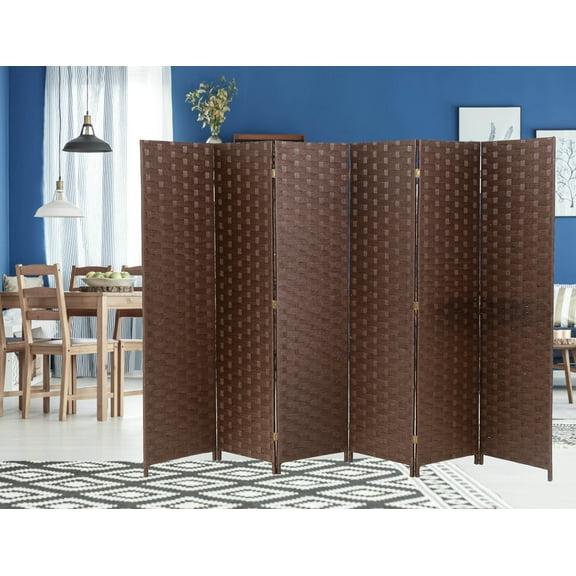 Folding 6 Panels Room Dividers Wood Mesh Woven Design Freestanding Privacy Screens Indoor with Double Hinged Wood Partition Screen Dividers for Apartment,Bedroom, Kitchen, Home Office