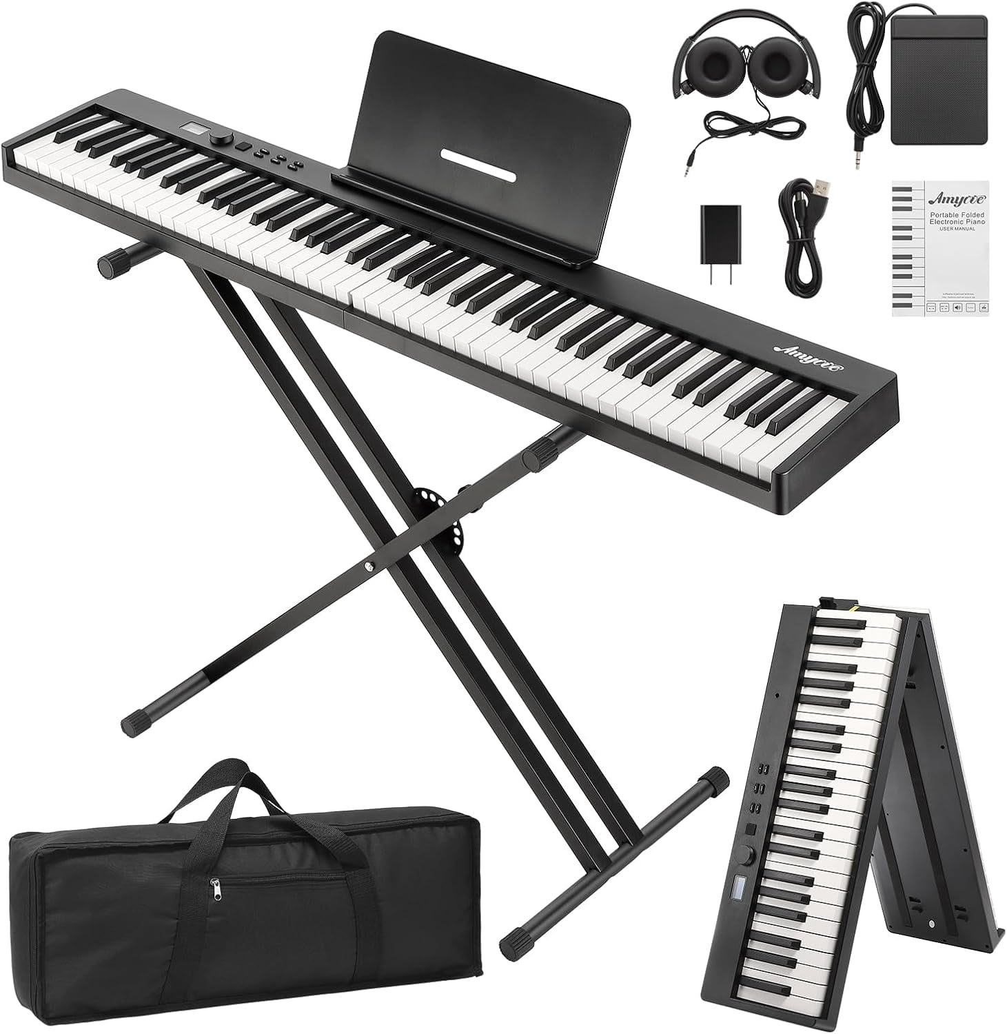 Folding 88-Key Piano Keyboard, Portable Full-Size Digital Piano with Stand, Sustain Pedal, Headphones, Carry Bag, Bluetooth & USB MIDI, Ideal for Beginners and Adults