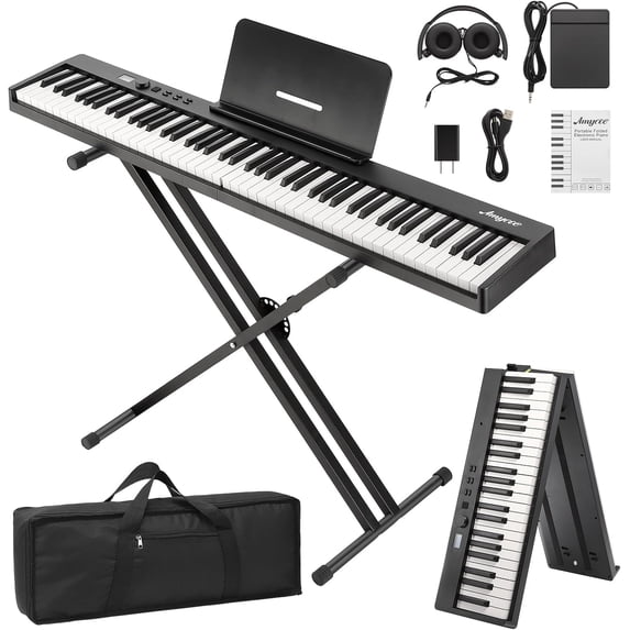 Folding 88-Key Piano Keyboard, Portable Full-Size Digital Piano with Stand, Sustain Pedal, Headphones, Carry Bag, Bluetooth & USB MIDI, Ideal for Beginners and Adults