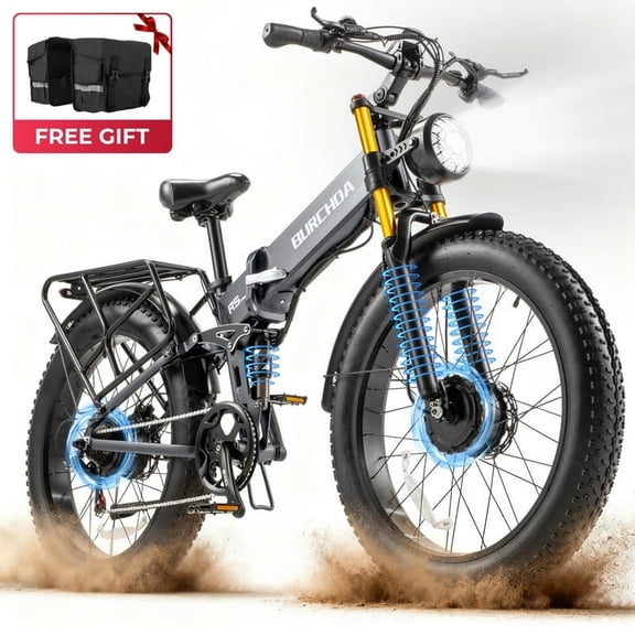Folding AWD Dual motor Electric Bike for Adults 26'' 2000w UL2849 48v 20Ah, 7 Speeds,4.0 Fat Tire Ebike up to 32MPH Off Road E-mountain bike Dual Hydraulic Disc Brakes&Suspension Electric Bicycles