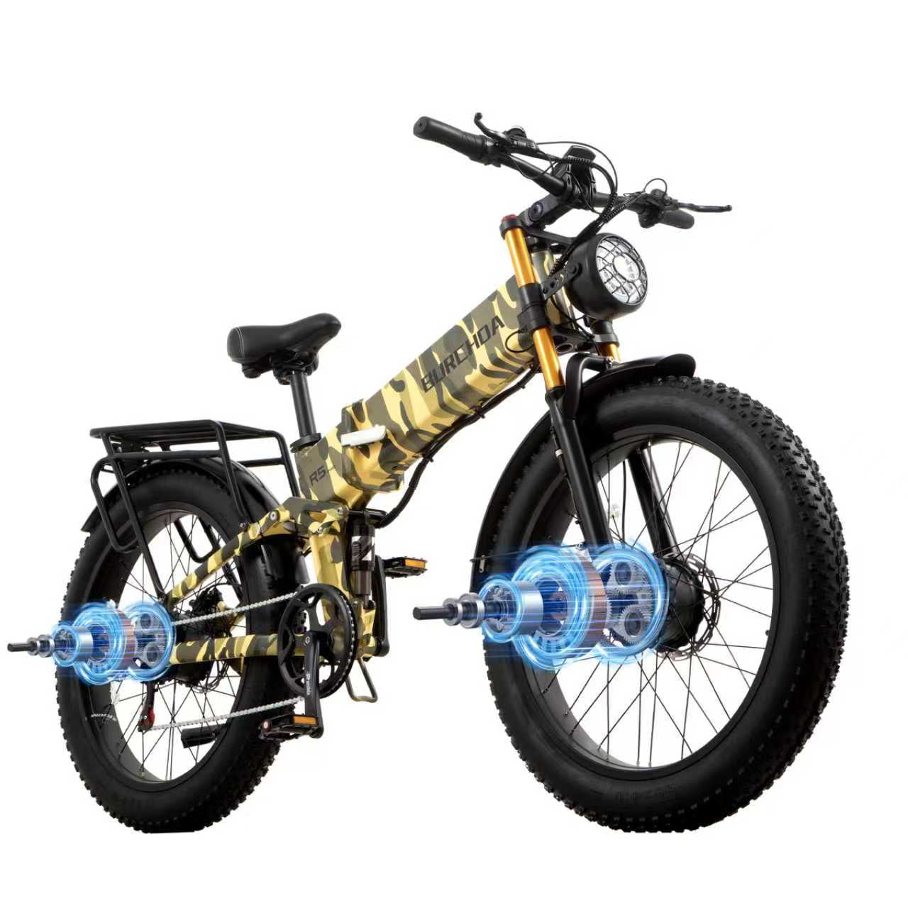 Folding AWD Dual motor Electric Bike for Adults 26'' 5000w UL2849 48v 30Ah, 7 Speeds,4.0 Fat Tire Ebike up to 40MPH Off Road E-mountain bike Dual Hydraulic Disc Brakes&Suspension Electric Bicycles