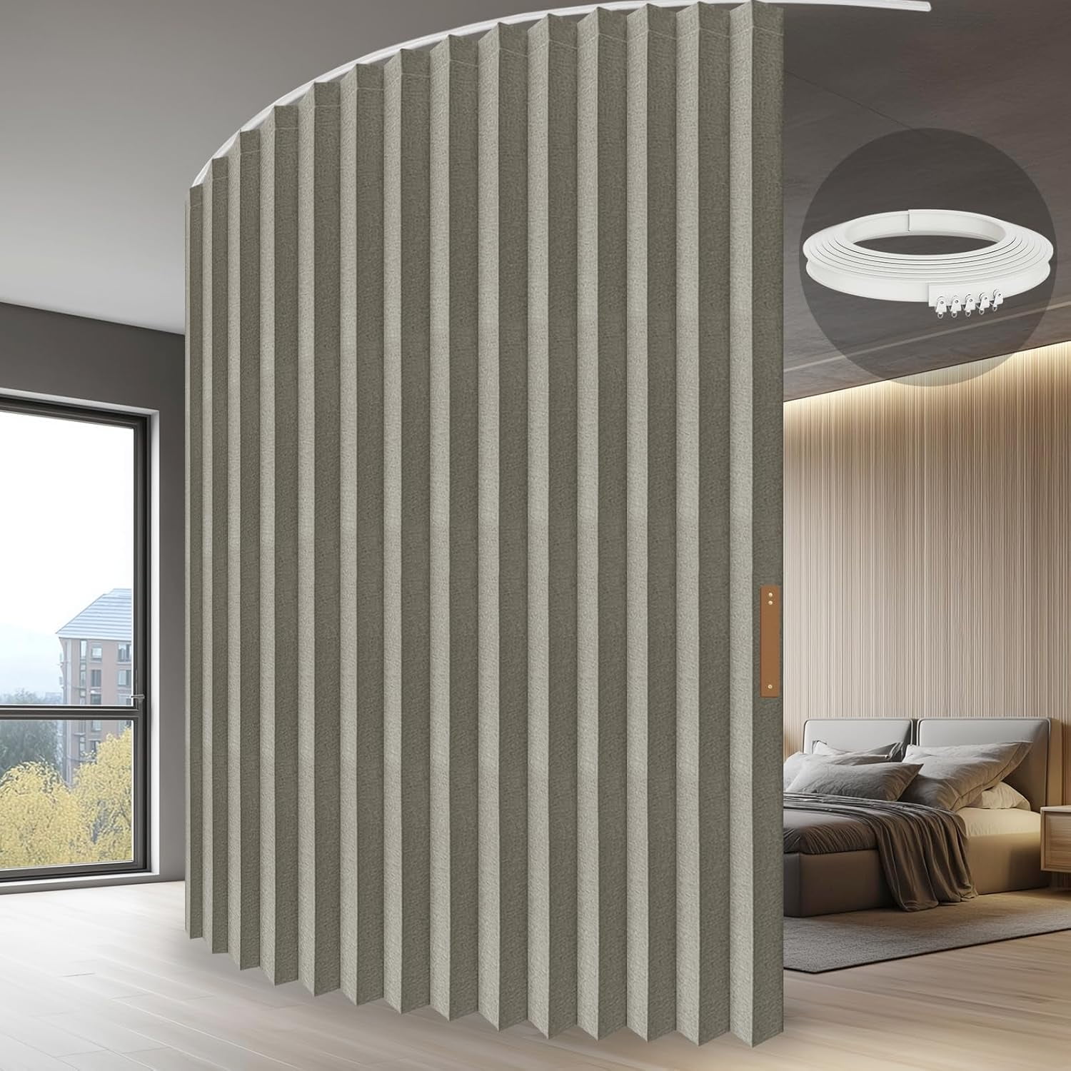 Folding Accordion Partition Divider with Ceiling Track - Hanging Room Curtain, Quick Setup(Grey 100" W x 84" L-Pack of 1)