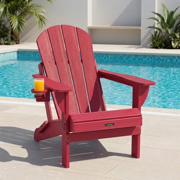 Folding Adirondack Chair, All-Weather HDPE Fire Pit Patio Chair, Red
