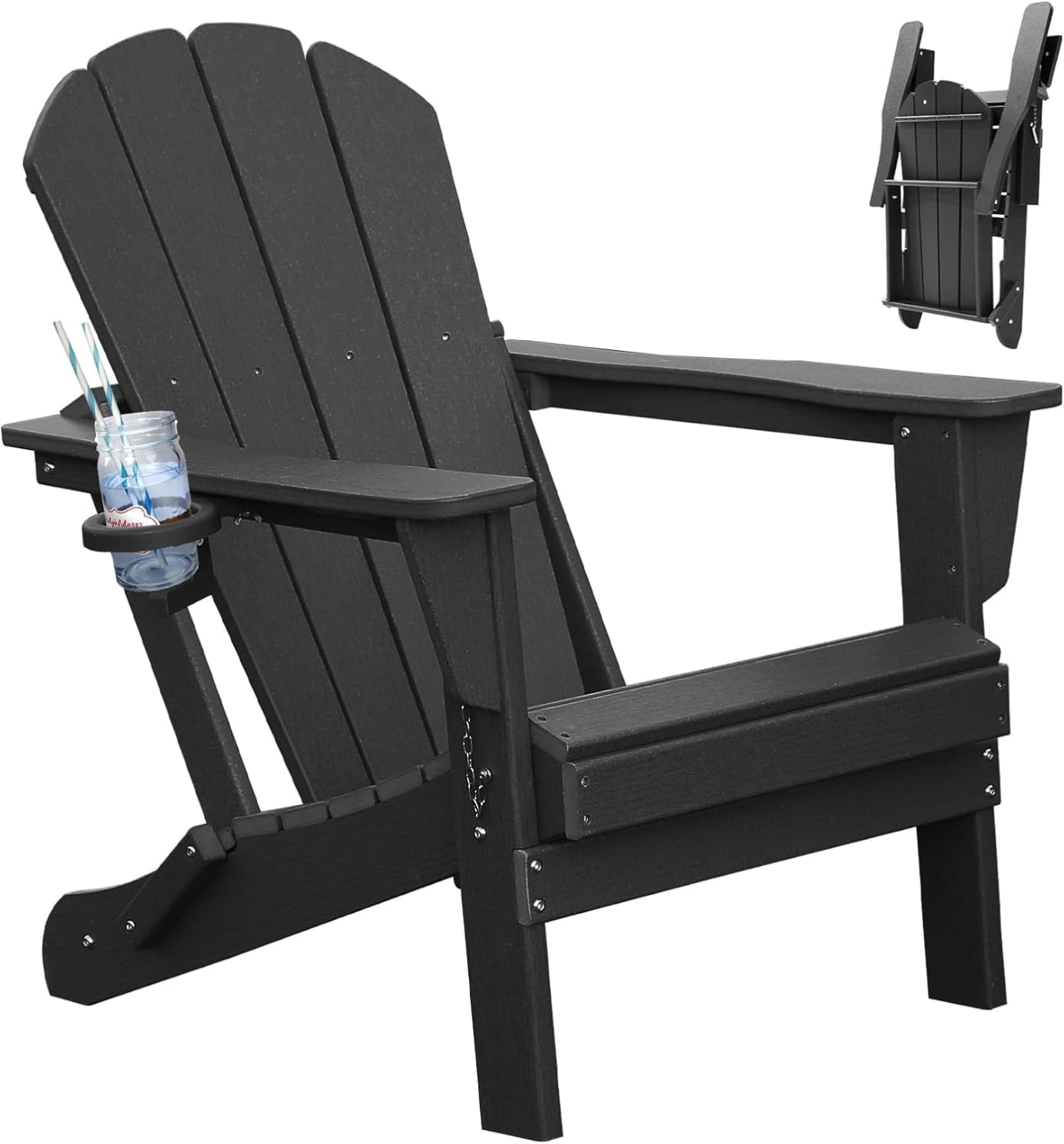 Folding Adirondack Chair, All-Weather HDPE Lawn Chair with Cup Holder, Comfortable Outdoor Patio Chair for Deck, Porch, Backyard, Garden, Black