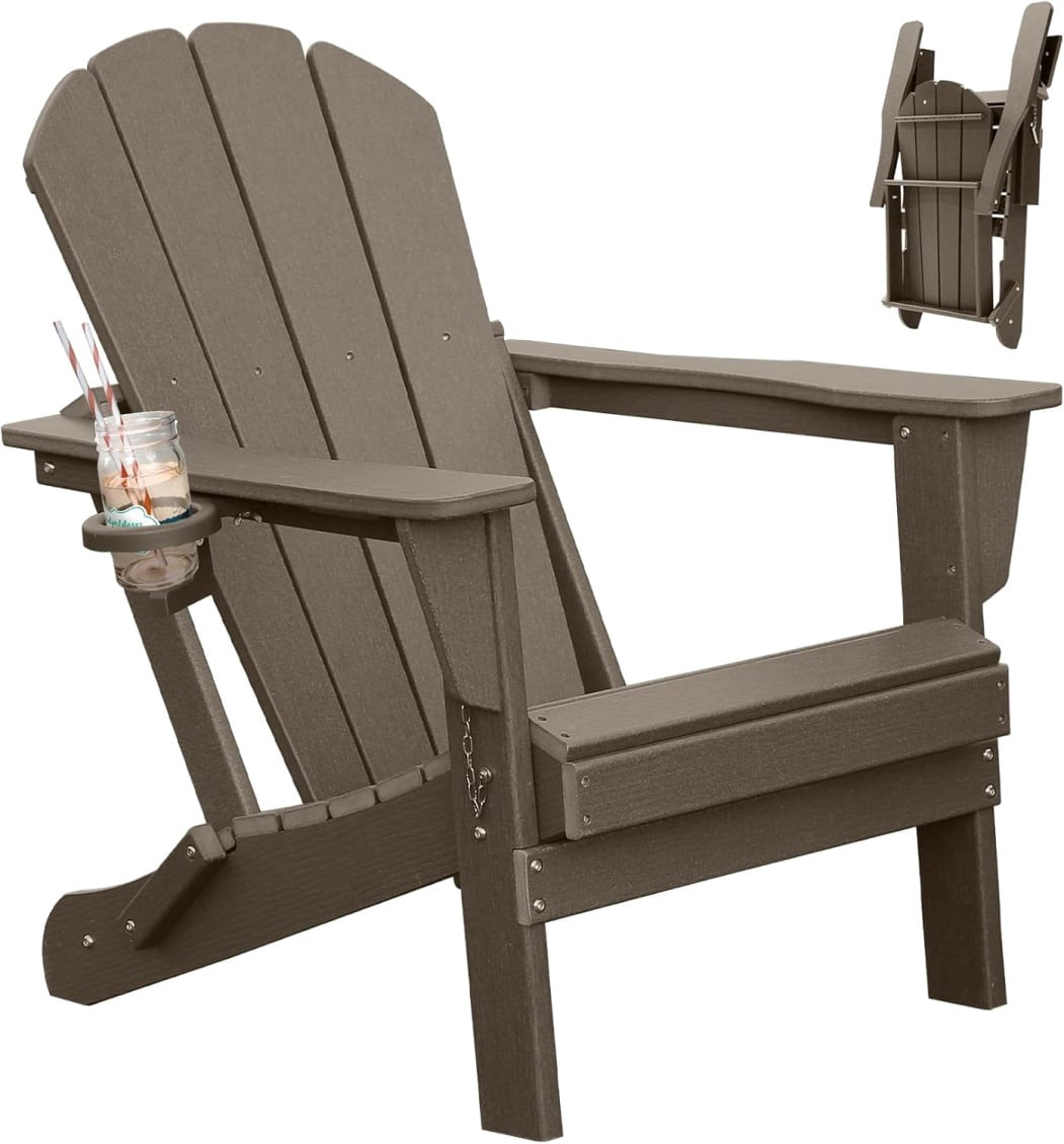 Folding Adirondack Chair, All-Weather HDPE Lawn Chair with Cup Holder, Comfortable Outdoor Patio Chair for Deck, Porch, Backyard, Garden, Brown