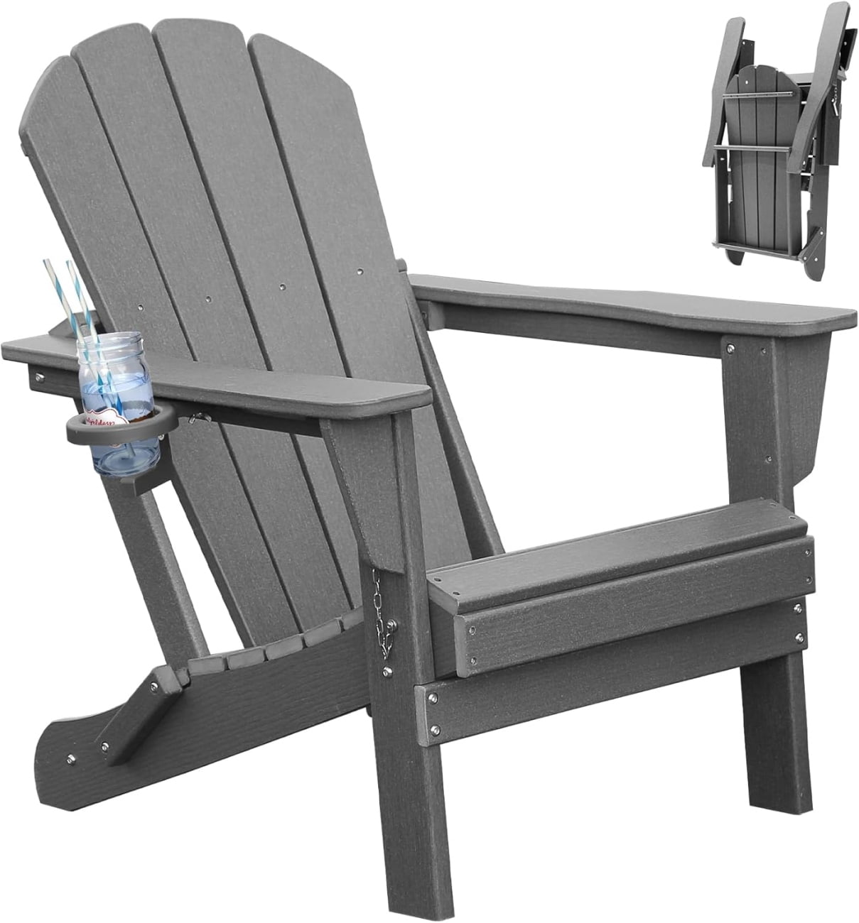 Folding Adirondack Chair, All-Weather HDPE Lawn Chair with Cup Holder, Comfortable Outdoor Patio Chair for Deck, Porch, Backyard, Garden, Grey