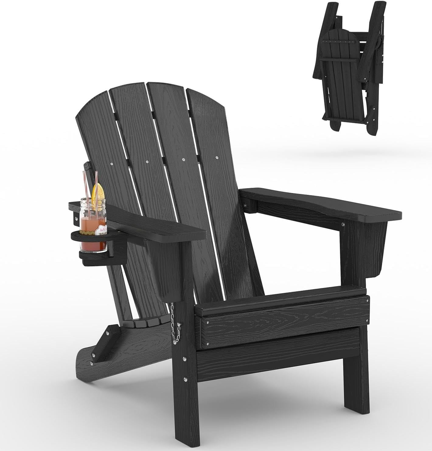 Folding Adirondack Chair, All Weather HDPE Outdoor Chair, Wooden Textured with Cup Holder for patios, Decks, Gardens, fire pits, Black