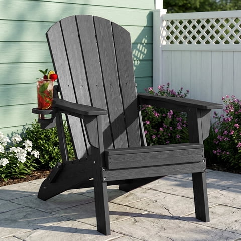 Cobiod HDPE All-Weather Folding Adirondack Chair with Cup Holder, Wood Grain Ergonomic Outdoor Patio Chair, Black