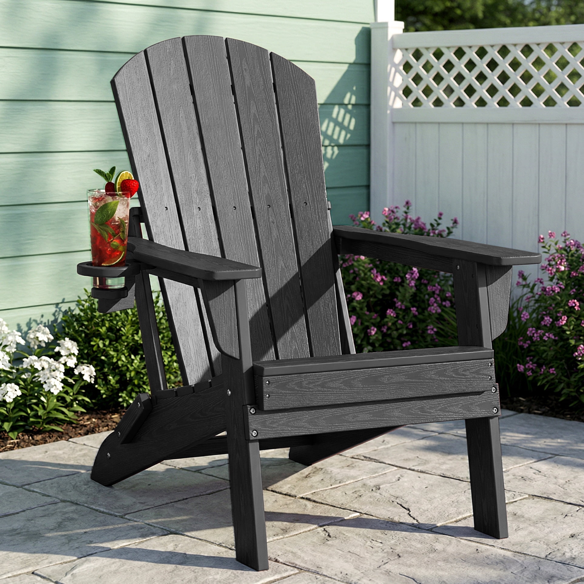 Cobiod Folding Adirondack Chair with Cup Holder, HDPE All-Weather Outdoor Patio Chair, Ergonomic Wood Grain Design for Backyard, Black