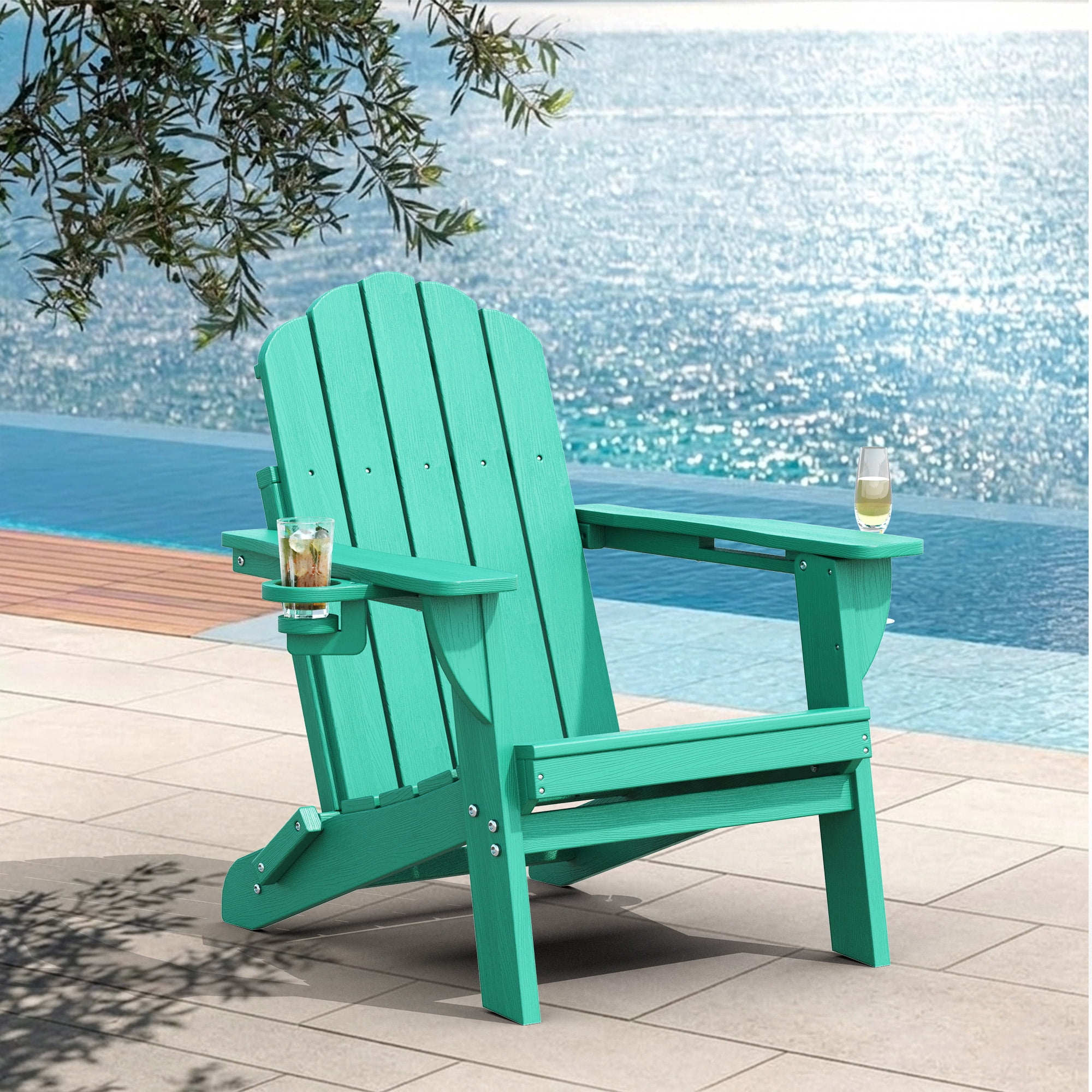 Folding Adirondack Chair, All-Weather HDPE Plastic Patio Fire Pit Chair, Aqua