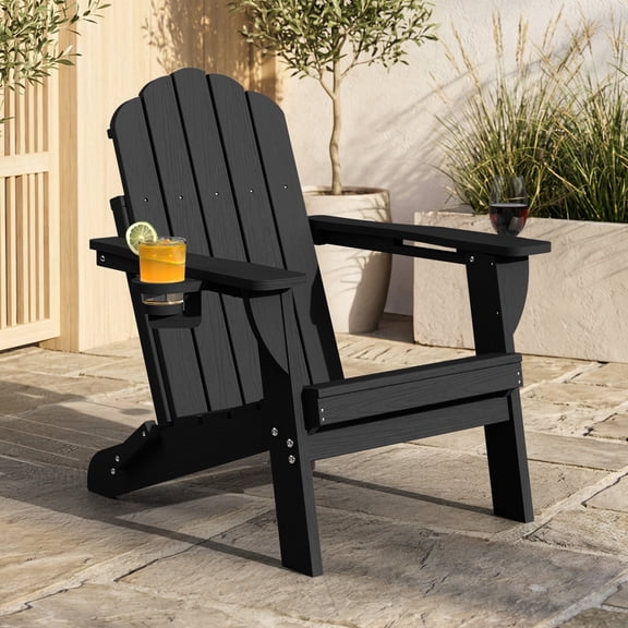 Folding Adirondack Chair, All-Weather HDPE Plastic Patio Fire Pit Chair, Black