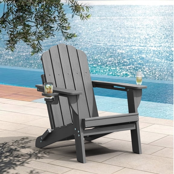 Folding Adirondack Chair, All-Weather HDPE Plastic Patio Fire Pit Chair, Gray