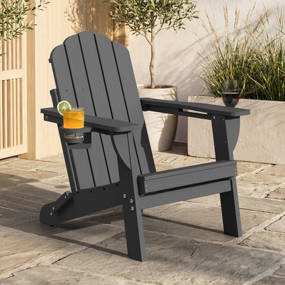 Folding Adirondack Chair, All-Weather HDPE Plastic Patio Fire Pit Chair, Gray