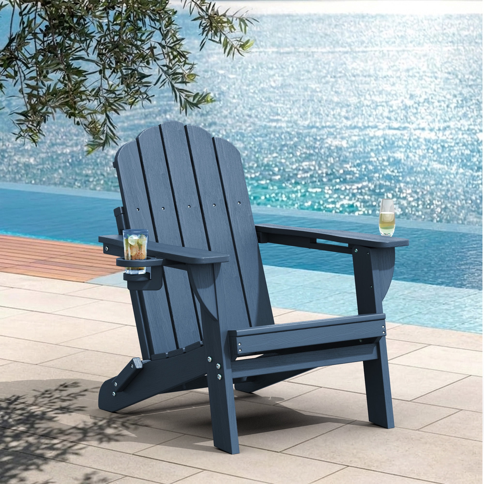 Folding Adirondack Chair, All-Weather HDPE Plastic Patio Fire Pit Chair, Navy