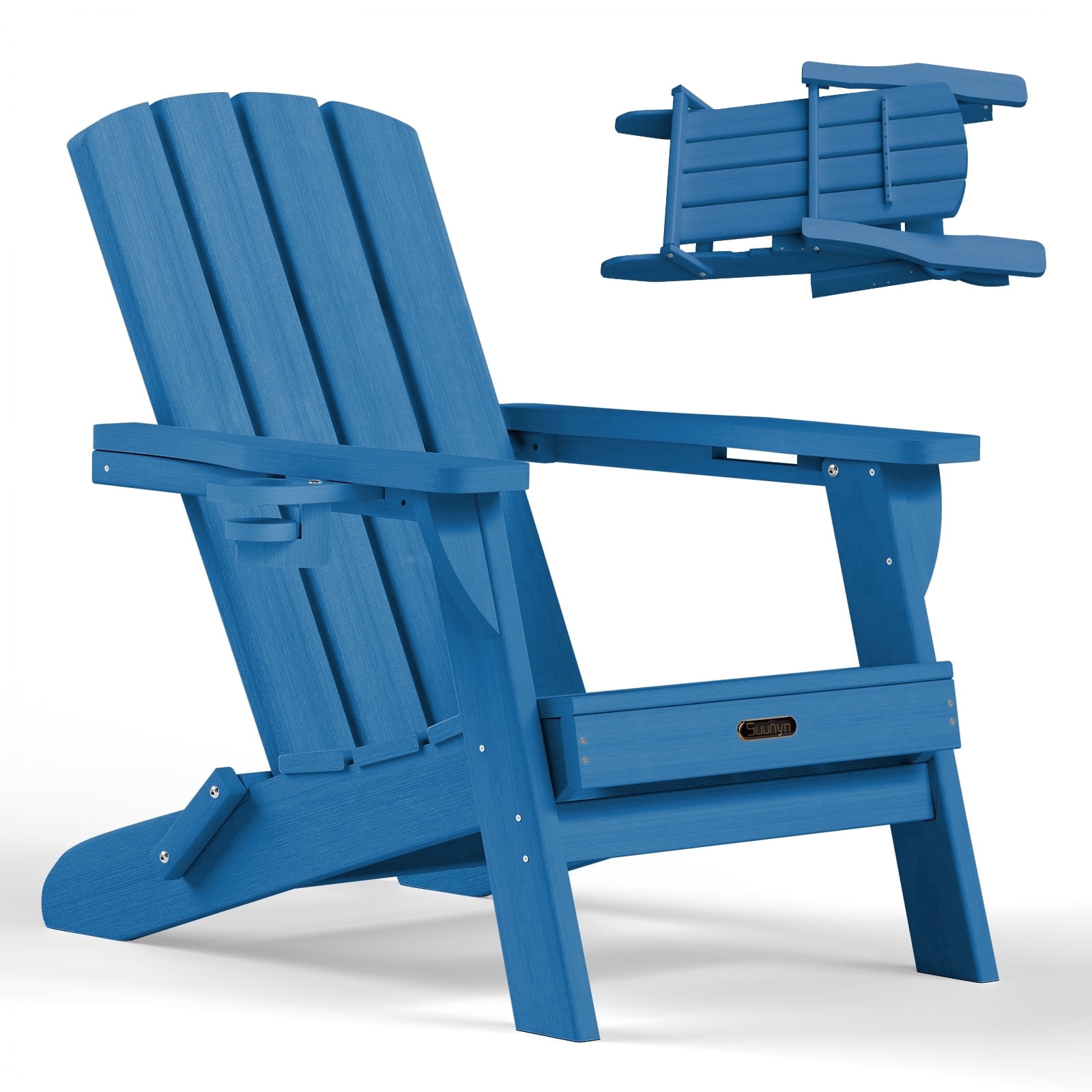 Folding Adirondack Chair, HDPE All-Weather Lawn Chair with 2 Cup Holder, Patio Garden Outdoors Fire Pit, Blue
