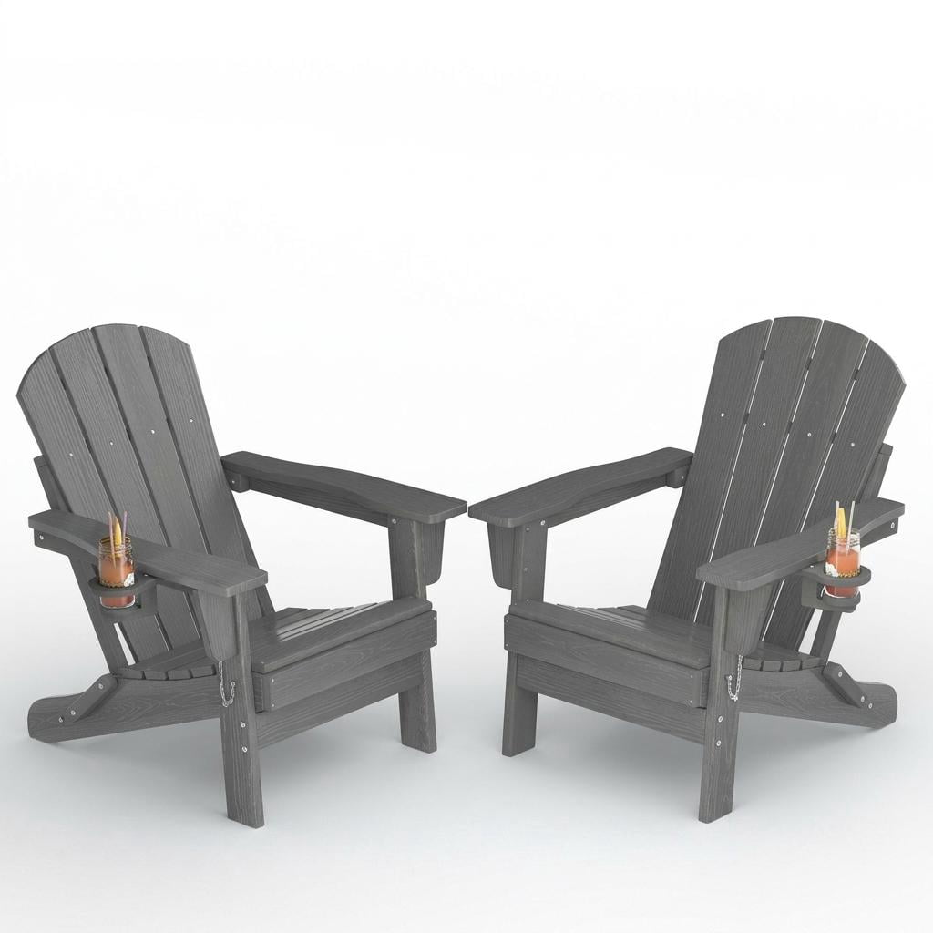 Folding Adirondack Chair, HDPE All-Weather Outdoor Chair with Cup Holder, Wooden Textured, Fire Pit Chair, Plastic Patio Chair for Deck, Backyard, Garden, Lawn