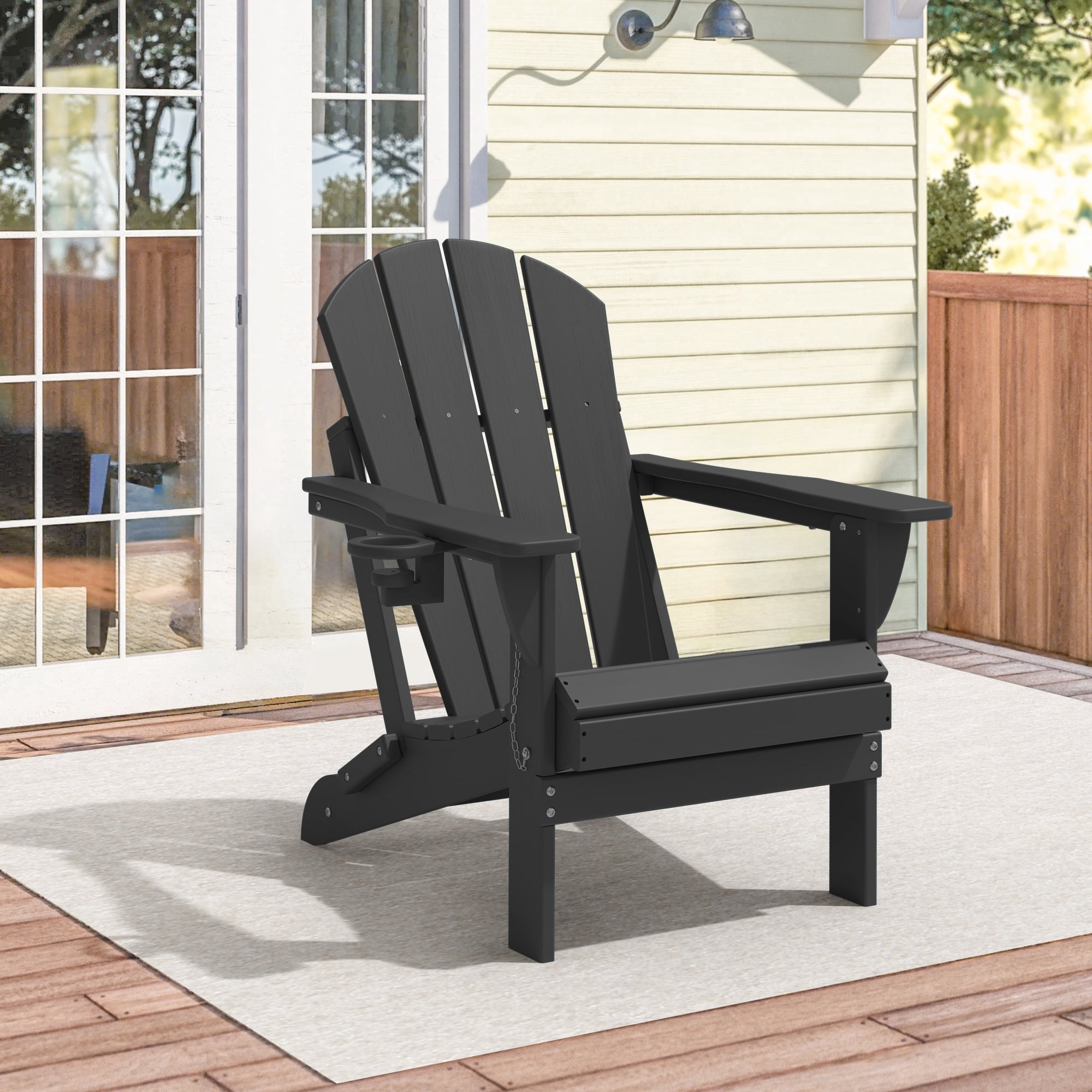 Folding Adirondack Chair, HDPE All-Weather Outdoor Patio & Firepit Chair with Ergonomic Extended Backrest & Cup Holder, Low Maintenance, Black
